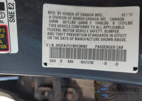 2011 Honda Civic Lx z USA, uszkodzony, nr VIN 2HGFA1F51BH538982